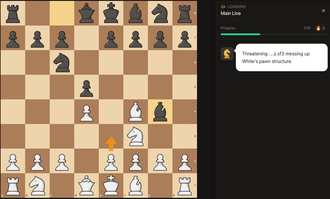 Training session with progress bar and move comments