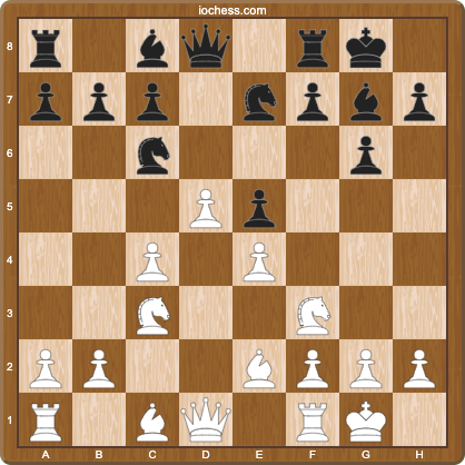 Mar del Plata variation, position after 1.d4 Nf6 2.c4 g6 3.Nc3 Bg7 4.e4 d6 5.Nf3 O-O 6.Be2 e5 7.O-O Nc6 8.d5 Ne7
