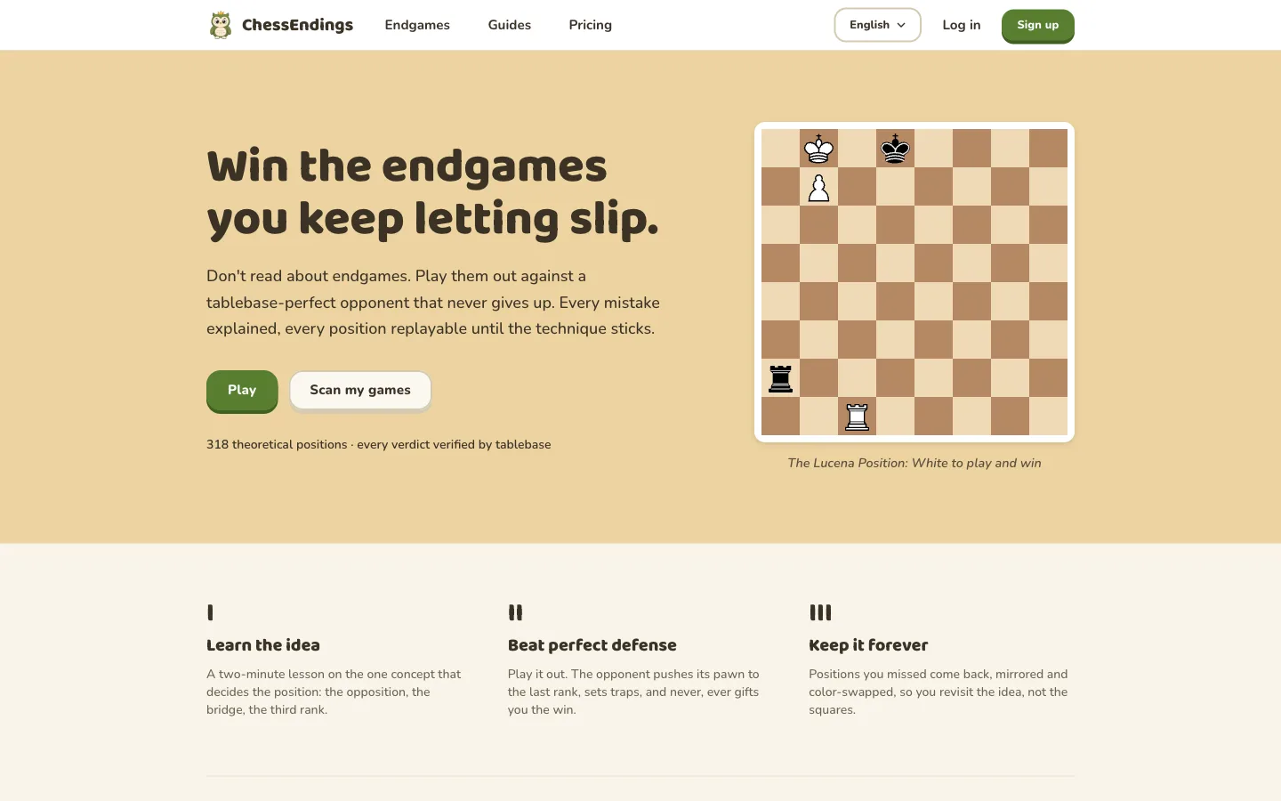 ChessEndings showing the Lucena position, played out against a tablebase-perfect opponent