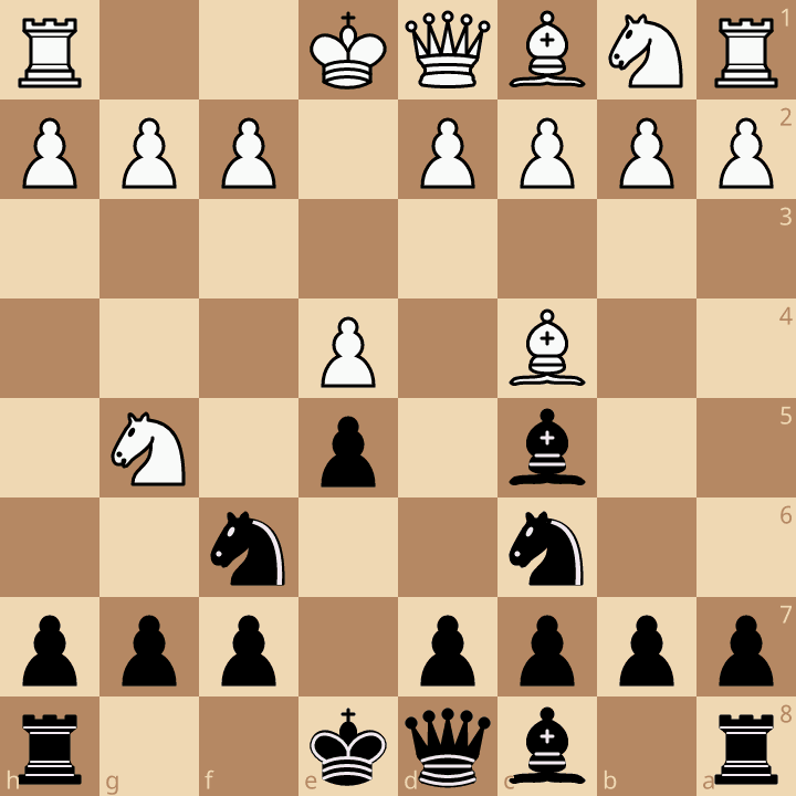 Contre-attaque Traxler : position de départ après 1.e4 e5 2.Nf3 Nc6 3.Bc4 Nf6 4.Ng5 Bc5